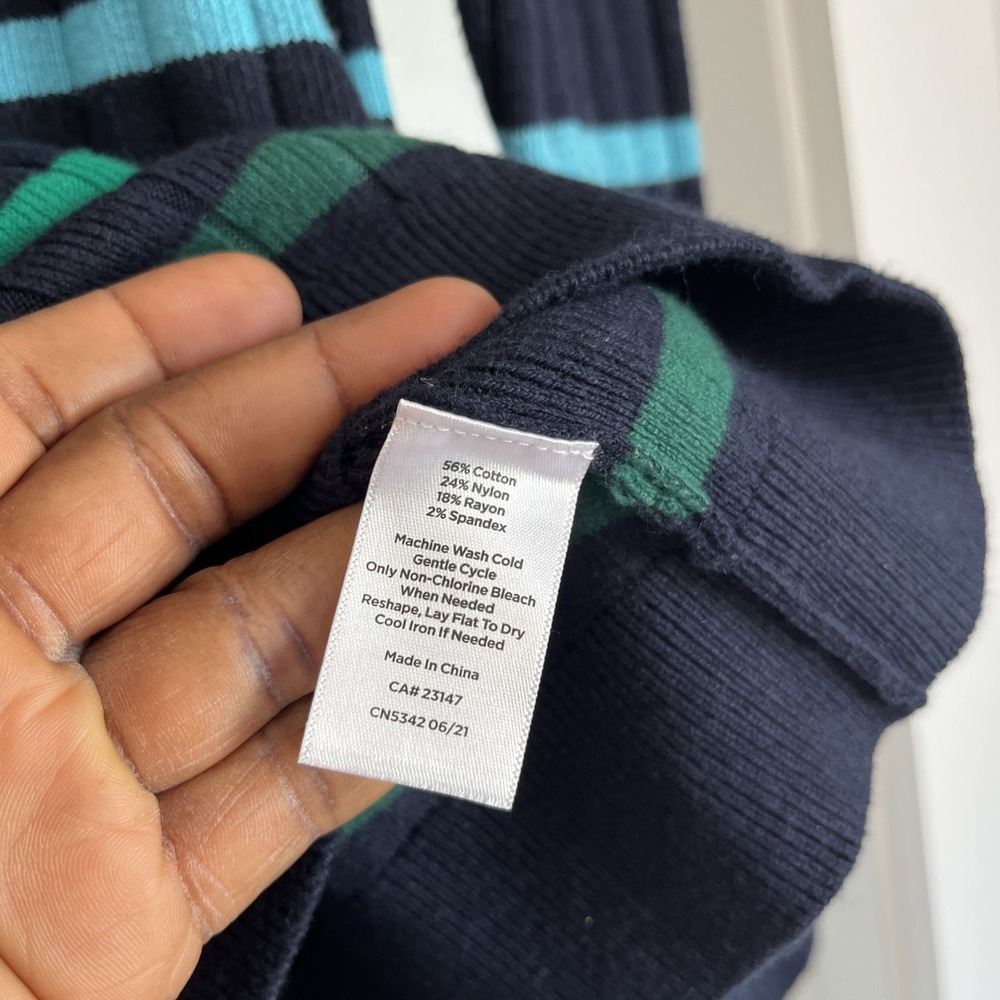 TALBOTS Blue Green Stripe Ribbed Turtleneck Sweater Button Cuff S New Nautical - Picture 10 of 12